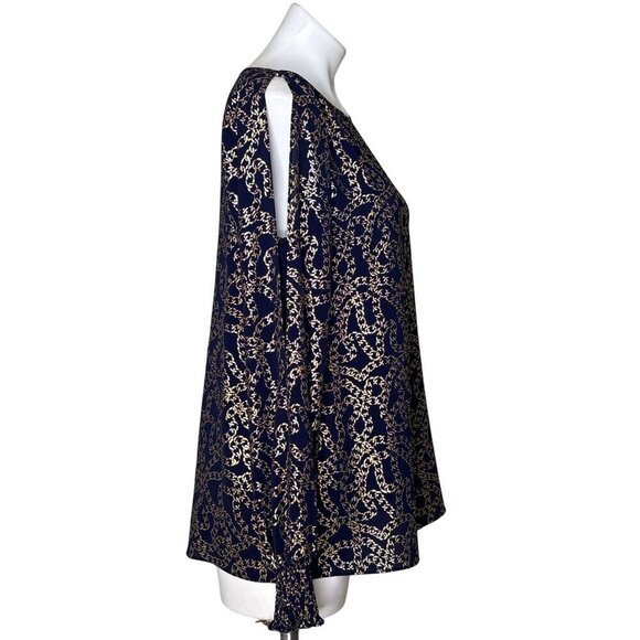 MICHAEL Michael Kors Chain Pattern Blouse, Navy Gold Slit Sleeves Women's Size L - Picture 4 of 10